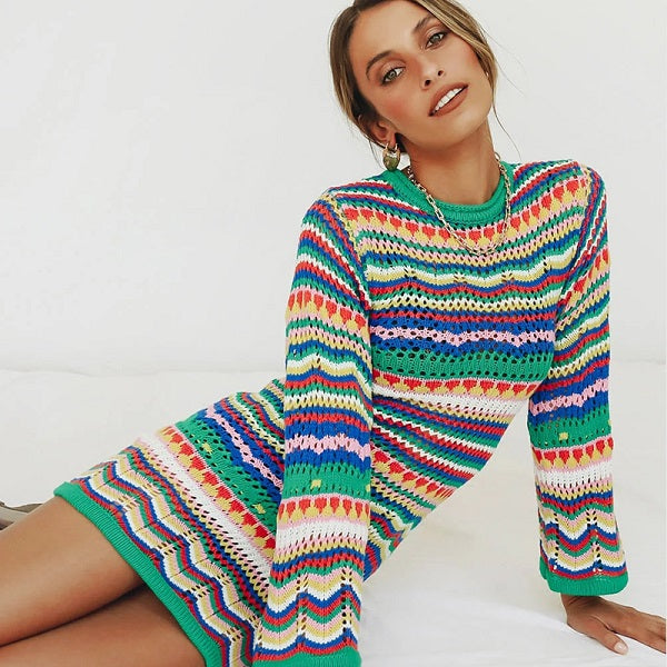 Stripe Knitted Long Sleeves Round Neck Mini Dress