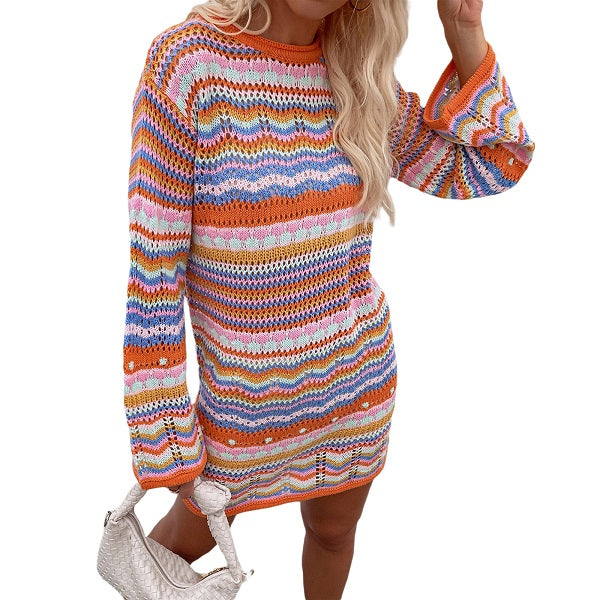 Stripe Knitted Long Sleeves Round Neck Mini Dress