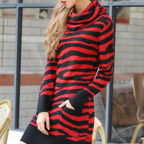 Stripe Long-sleeve Pocket Design Knit Dress