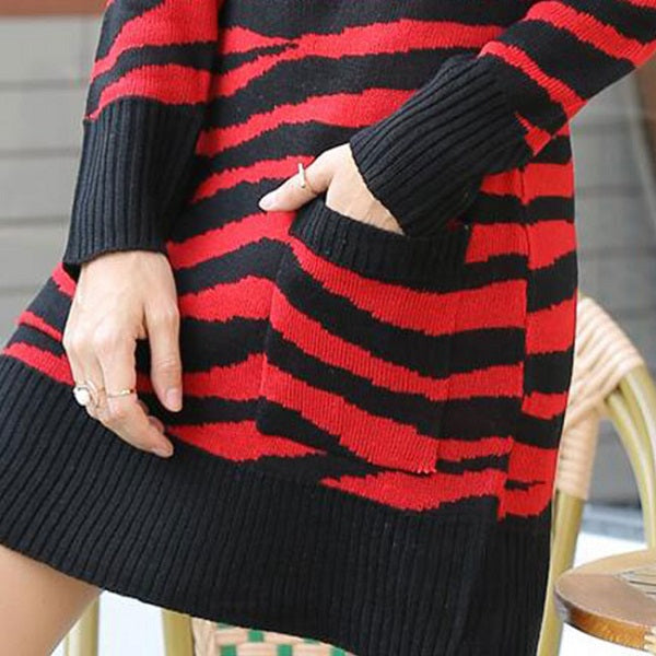Stripe Long-sleeve Pocket Design Knit Dress