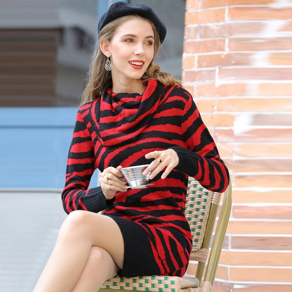 Stripe Long-sleeve Pocket Design Knit Dress