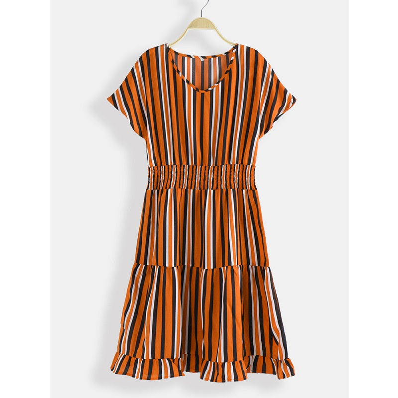 Stripe O-neck Loose Drawstring Waist Casual Mini Dress