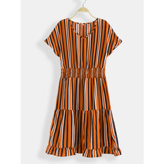 Stripe O-neck Loose Drawstring Waist Casual Mini Dress