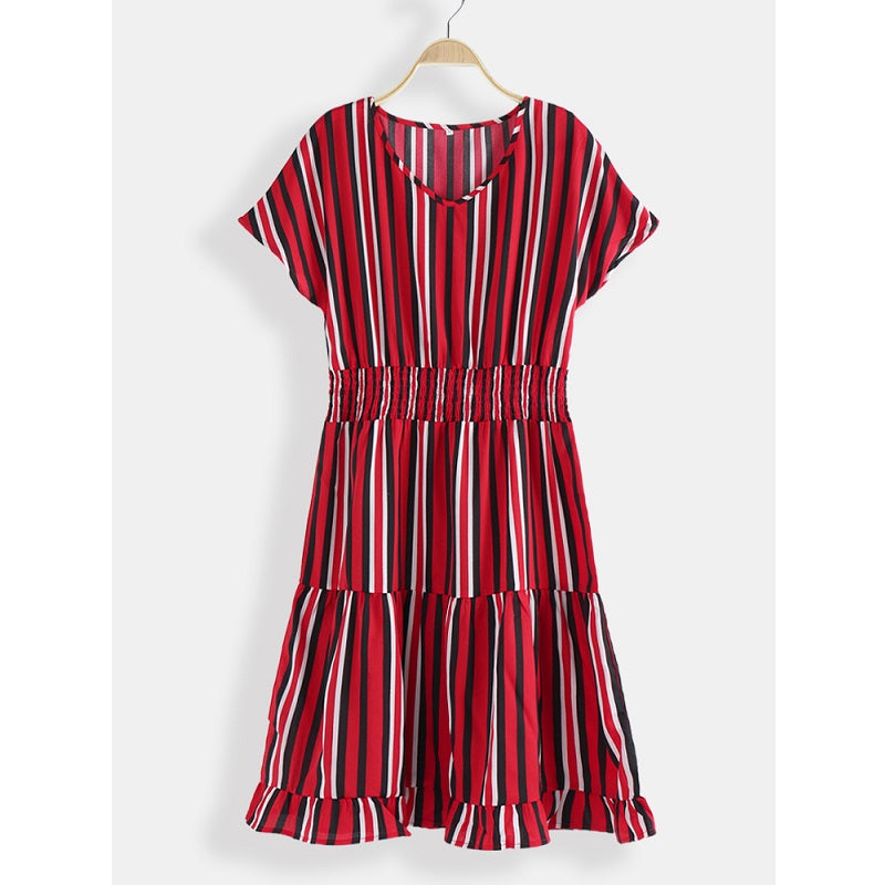 Stripe O-neck Loose Drawstring Waist Casual Mini Dress