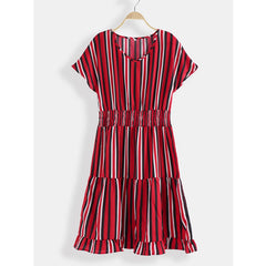 Stripe O-neck Loose Drawstring Waist Casual Mini Dress