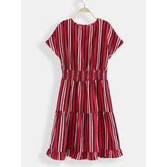 Stripe O-neck Loose Drawstring Waist Casual Mini Dress