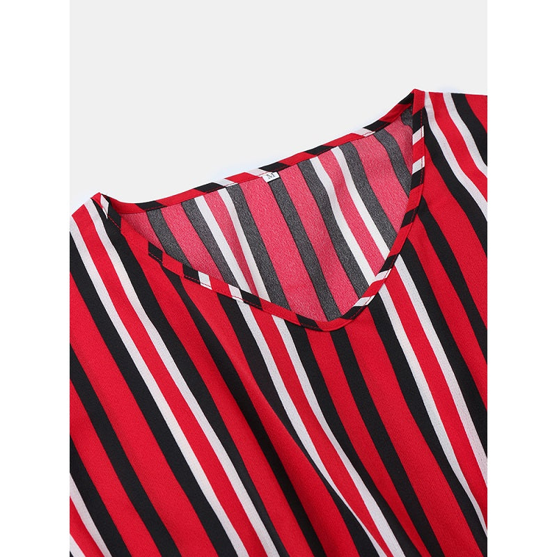 Stripe O-neck Loose Drawstring Waist Casual Mini Dress