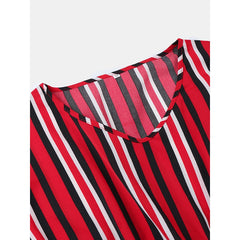 Stripe O-neck Loose Drawstring Waist Casual Mini Dress