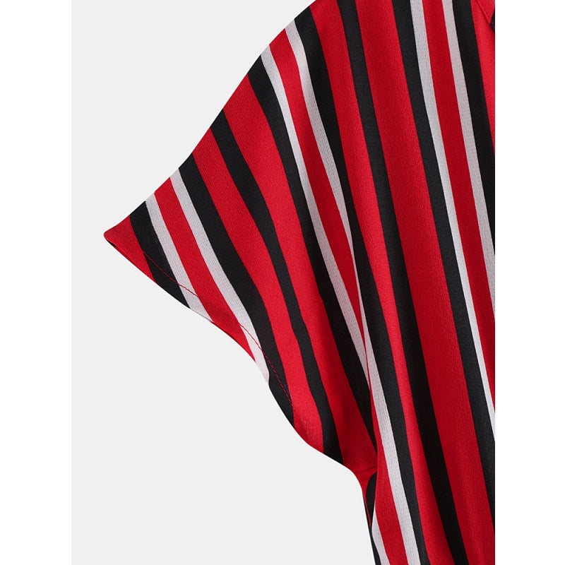 Stripe O-neck Loose Drawstring Waist Casual Mini Dress