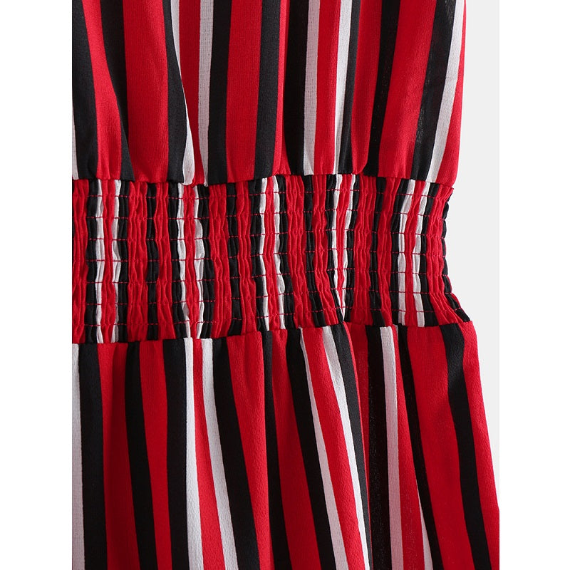 Stripe O-neck Loose Drawstring Waist Casual Mini Dress