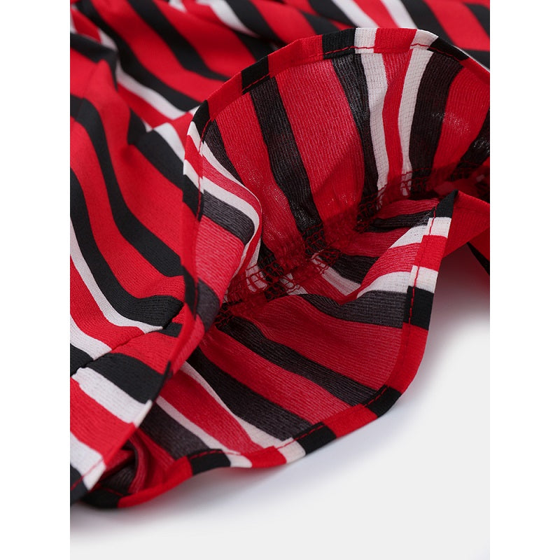 Stripe O-neck Loose Drawstring Waist Casual Mini Dress