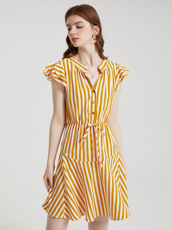 Stripe Print Drawstring Button Cap Sleeve Dress
