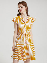 Stripe Print Drawstring Button Cap Sleeve Dress
