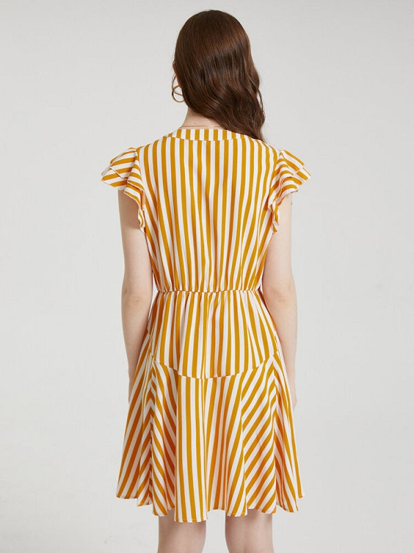Stripe Print Drawstring Button Cap Sleeve Dress
