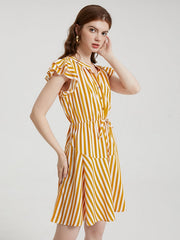 Stripe Print Drawstring Button Cap Sleeve Dress