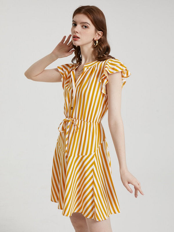 Stripe Print Drawstring Button Cap Sleeve Dress