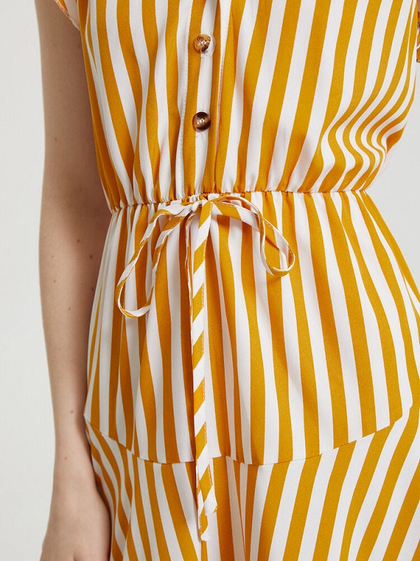 Stripe Print Drawstring Button Cap Sleeve Dress