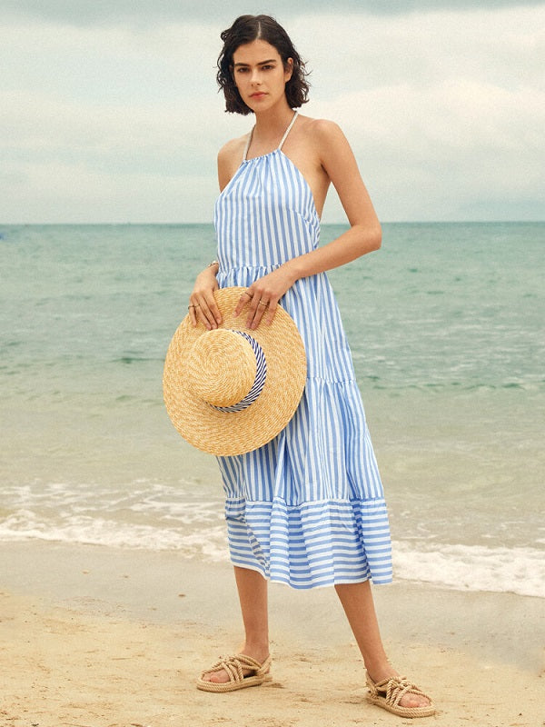 Stripe Print Halter Open Back Dress