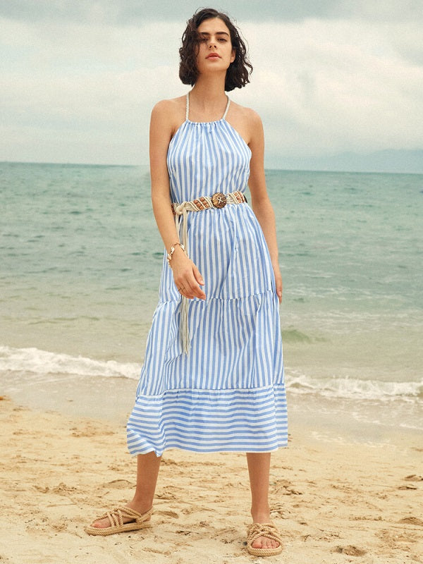 Stripe Print Halter Open Back Dress