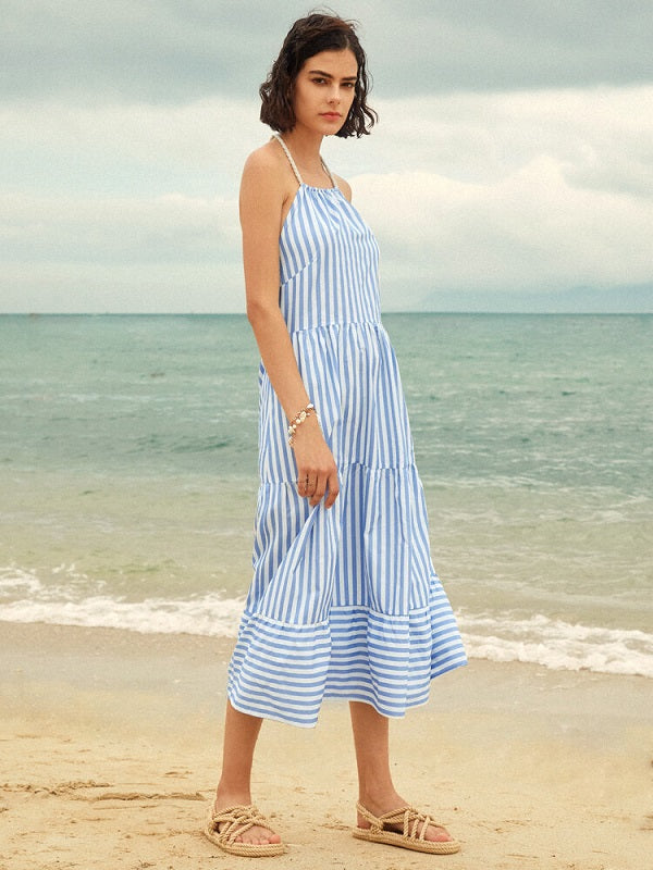 Stripe Print Halter Open Back Dress