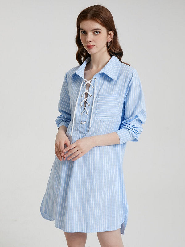 Stripe Print Lace Up Lapel Pocket Slit Casual Shirt Dress