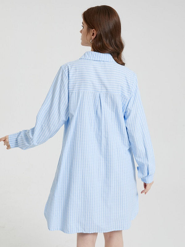 Stripe Print Lace Up Lapel Pocket Slit Casual Shirt Dress