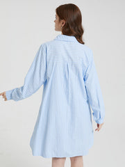 Stripe Print Lace Up Lapel Pocket Slit Casual Shirt Dress