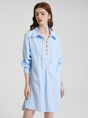 Stripe Print Lace Up Lapel Pocket Slit Casual Shirt Dress
