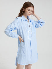 Stripe Print Lace Up Lapel Pocket Slit Casual Shirt Dress