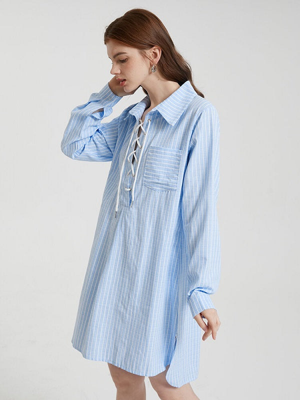 Stripe Print Lace Up Lapel Pocket Slit Casual Shirt Dress