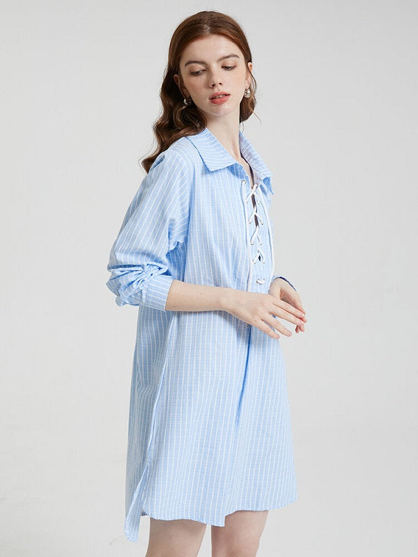 Stripe Print Lace Up Lapel Pocket Slit Casual Shirt Dress