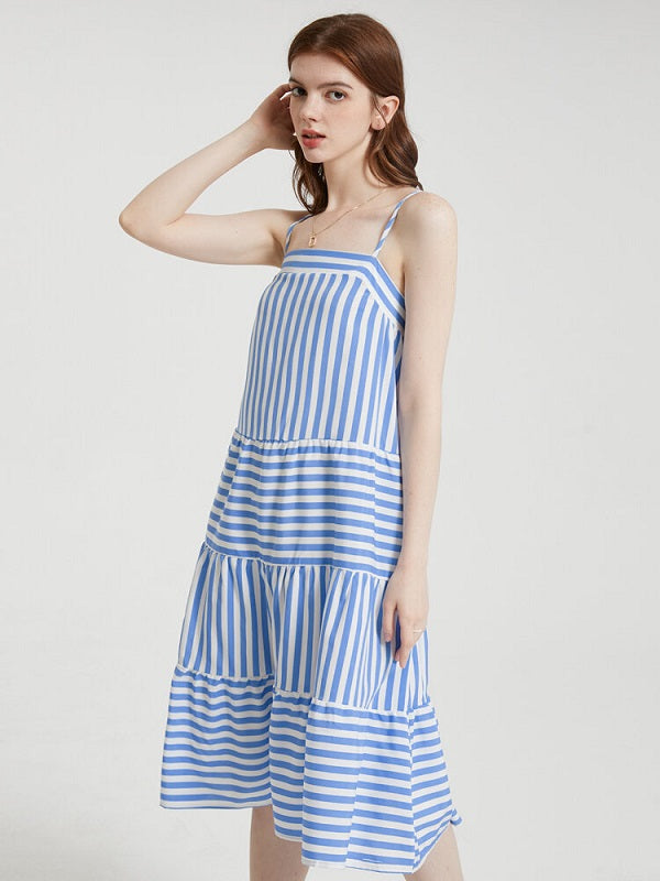 Stripe Print Open Back Adjustable Strap Dress
