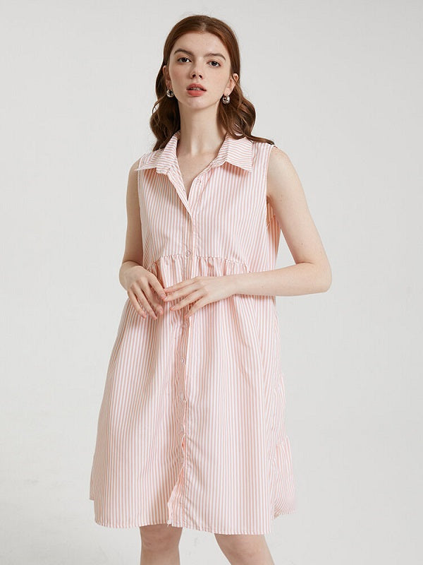 Stripe Print Sleeveless Button Lapel Dress