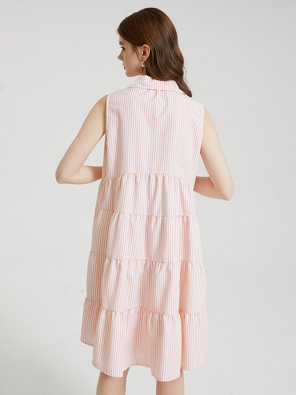 Stripe Print Sleeveless Button Lapel Dress
