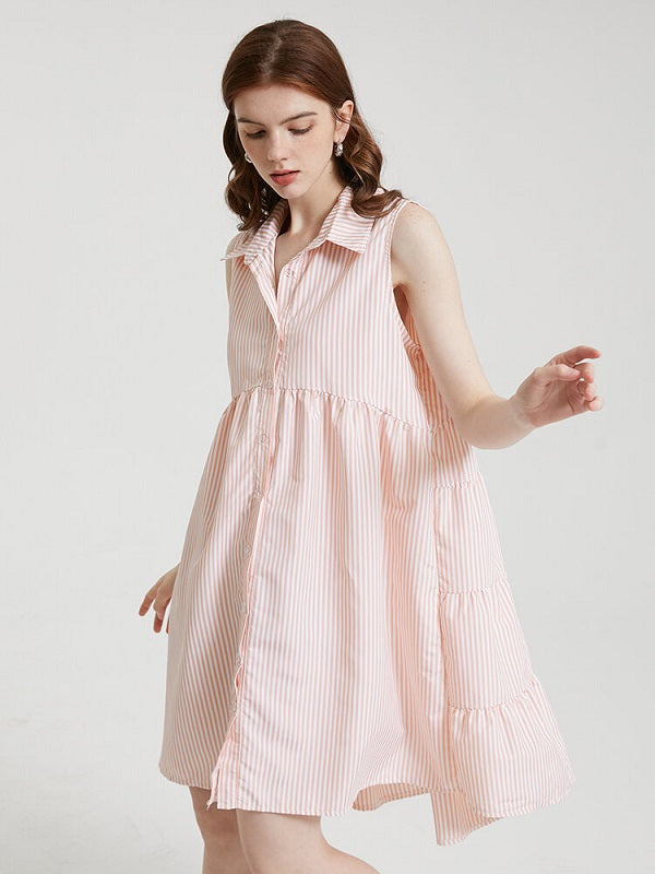 Stripe Print Sleeveless Button Lapel Dress