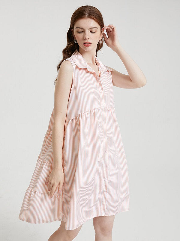 Stripe Print Sleeveless Button Lapel Dress