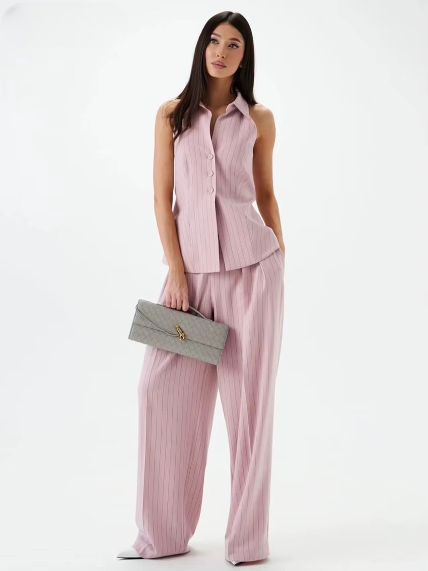 Stripe Print Sleeveless Tank Top With High Waist Wide Pants 2 Piece Sets