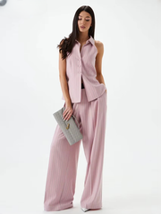 Stripe Print Sleeveless Tank Top With High Waist Wide Pants 2 Piece Sets