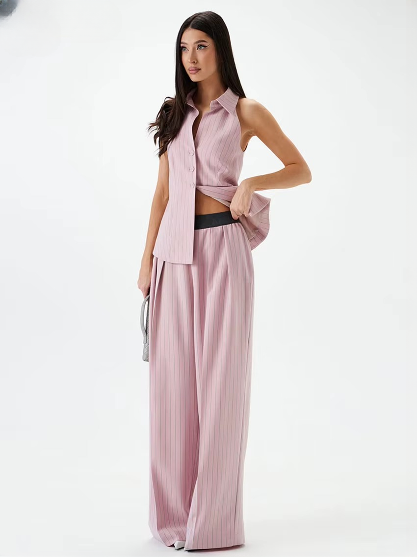 Stripe Print Sleeveless Tank Top With High Waist Wide Pants 2 Piece Sets