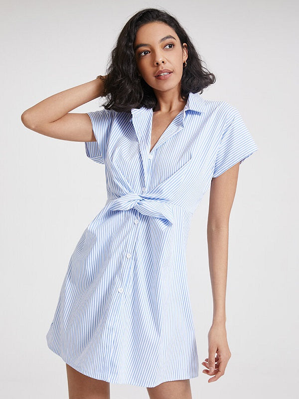 Stripe Print Solid Button Twisted Short Sleeve Lapel Dress