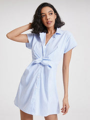 Stripe Print Solid Button Twisted Short Sleeve Lapel Dress