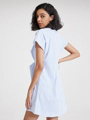 Stripe Print Solid Button Twisted Short Sleeve Lapel Dress