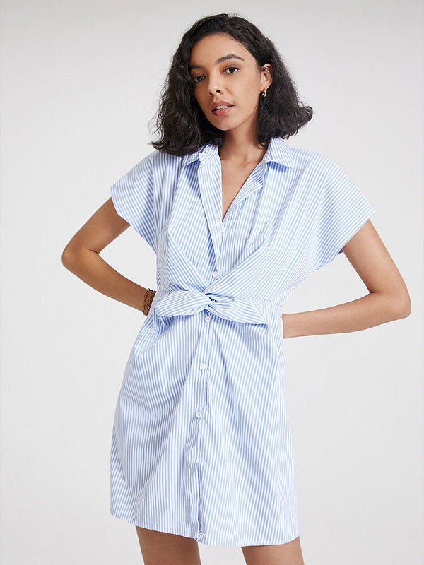 Stripe Print Solid Button Twisted Short Sleeve Lapel Dress