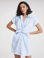 Stripe Print Solid Button Twisted Short Sleeve Lapel Dress