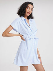 Stripe Print Solid Button Twisted Short Sleeve Lapel Dress