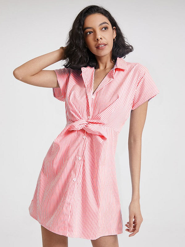 Stripe Print Solid Button Twisted Short Sleeve Lapel Dress