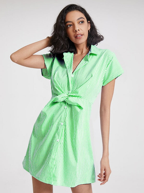 Stripe Print Solid Button Twisted Short Sleeve Lapel Dress