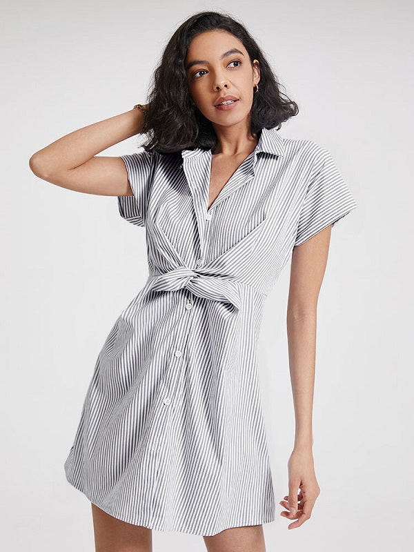 Stripe Print Solid Button Twisted Short Sleeve Lapel Dress