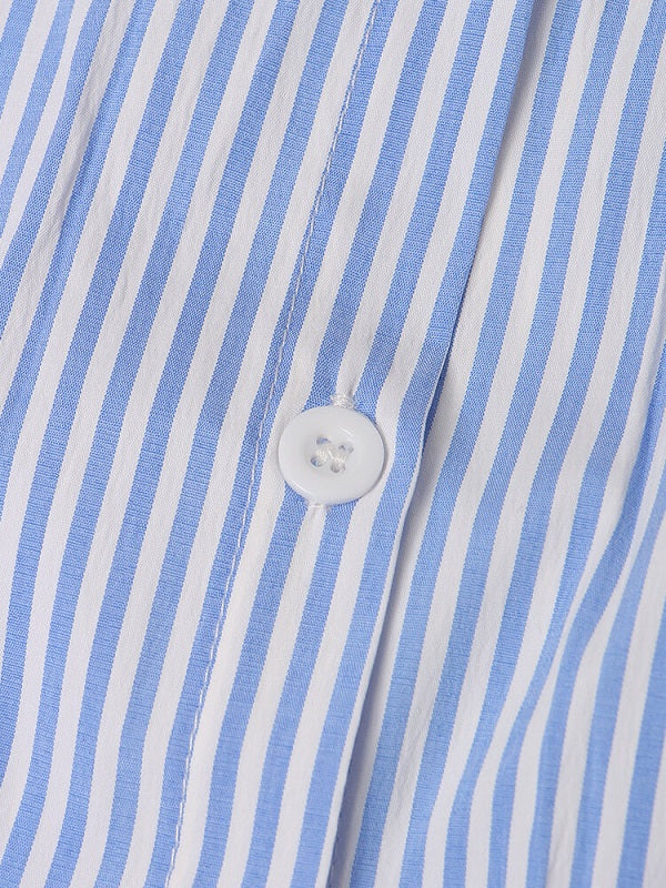 Stripe Print Solid Button Twisted Short Sleeve Lapel Dress