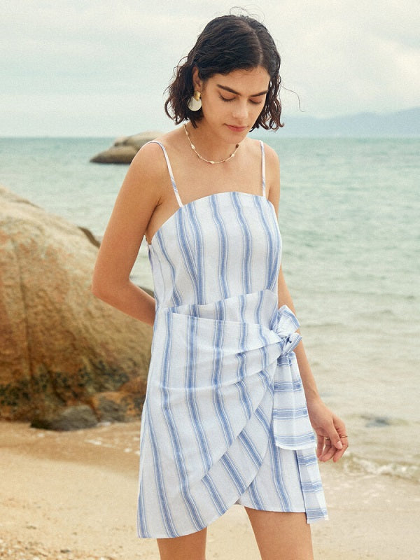 Stripe Print Twisted Bow Open Back Dress